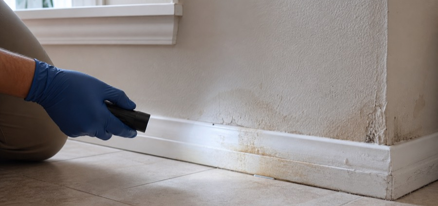 Checking a damp baseboard for signs of mold after a water leak