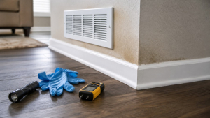 Mold inspection tools near an HVAC vent and baseboard