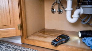 Moisture meter under a kitchen sink after a plumbing leak